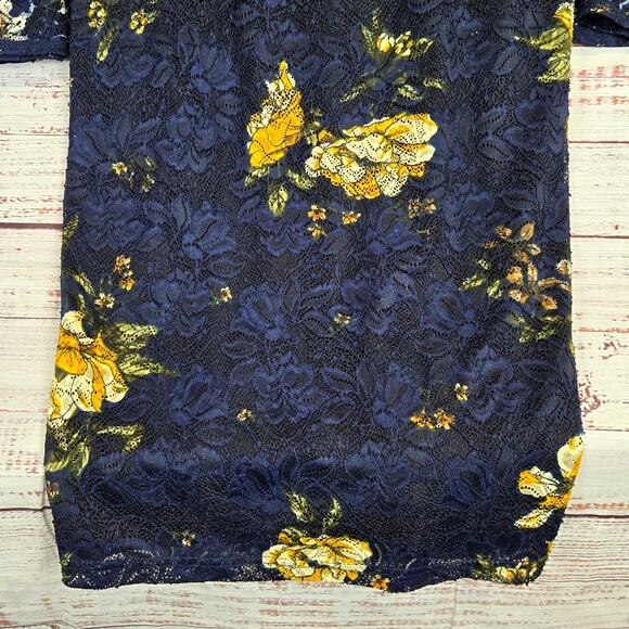 Dark Blue Lace Dress Yellow Roses M Bell Sleeve Line Whimsigoth Fairy Witch NWT - Picture 6 of 16